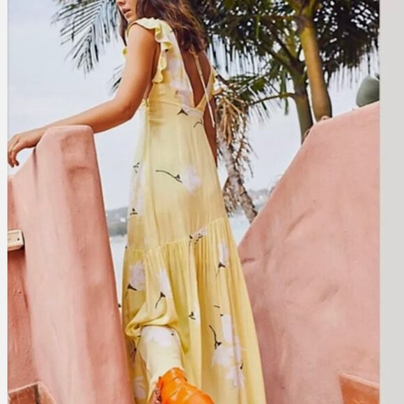 Free People She's A Waterfall Floral Ruffle Asymetric Hem Maxi Dress Yellow Sz 2 - Picture 7 of 11